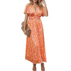 Women’s Floral Shirred Waist Midi Summer Dress with V Neck