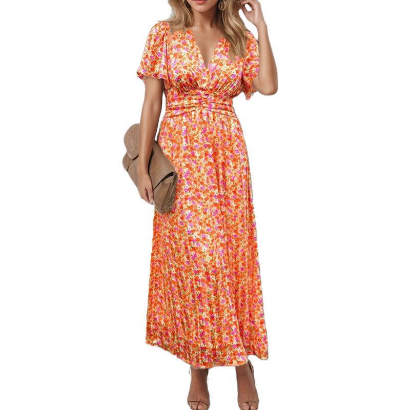 Women’s Floral Shirred Waist Midi Summer Dress with V Neck