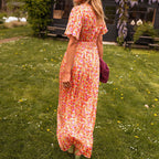 Women’s Floral Shirred Waist Midi Summer Dress with V Neck