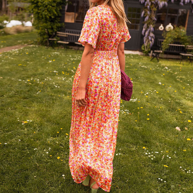Women’s Floral Shirred Waist Midi Summer Dress with V Neck