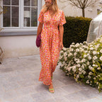 Women’s Floral Shirred Waist Midi Summer Dress with V Neck