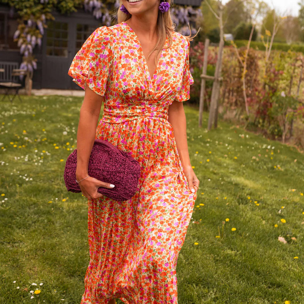 Women’s Floral Shirred Waist Midi Summer Dress with V Neck