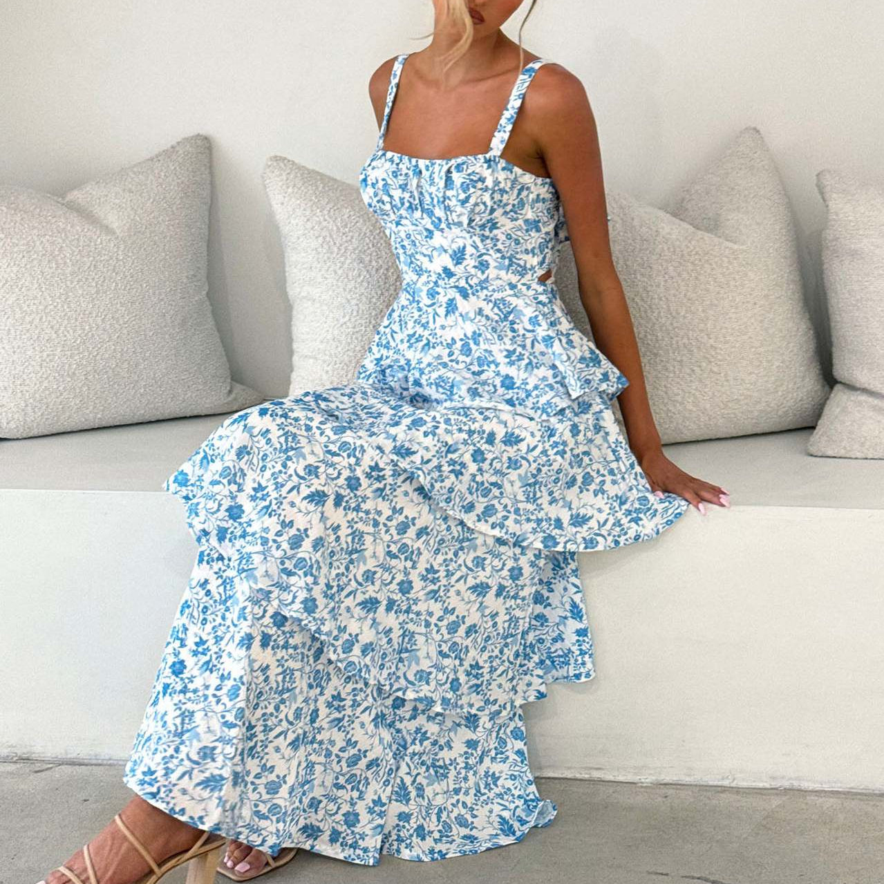 Women’s Floral Tiered Maxi Dress with Bow Back
