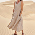 Women’s Flowy Summer Midi Dress with Pockets and Sleeveless