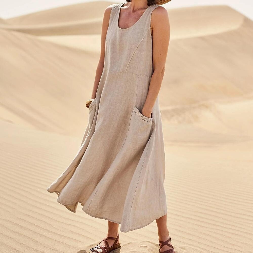Women’s Flowy Summer Midi Dress with Pockets and Sleeveless