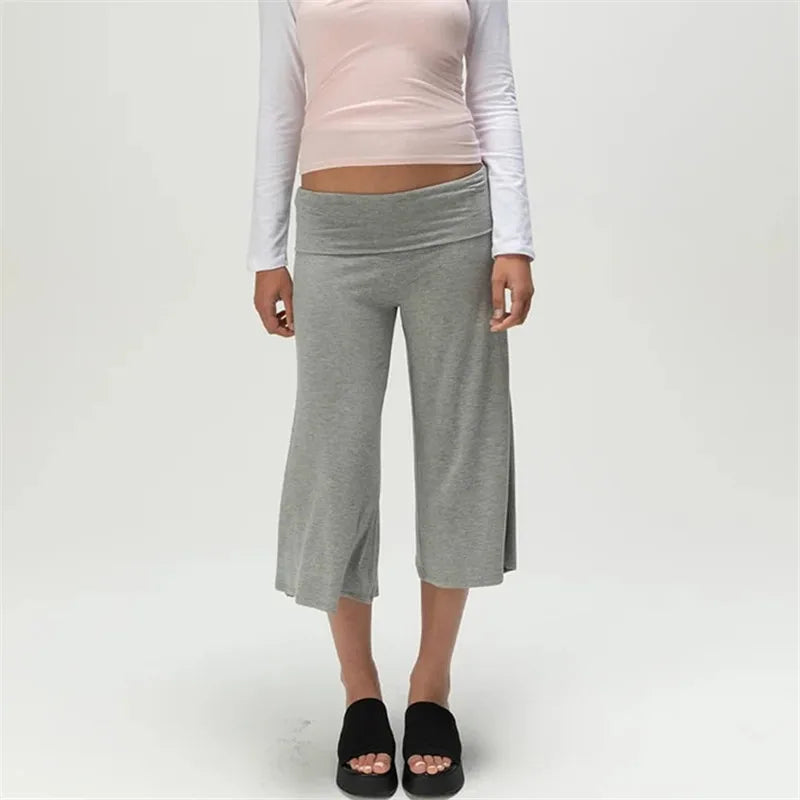 Women’s Fold Over Waist Wide Leg Capri Legging Pants