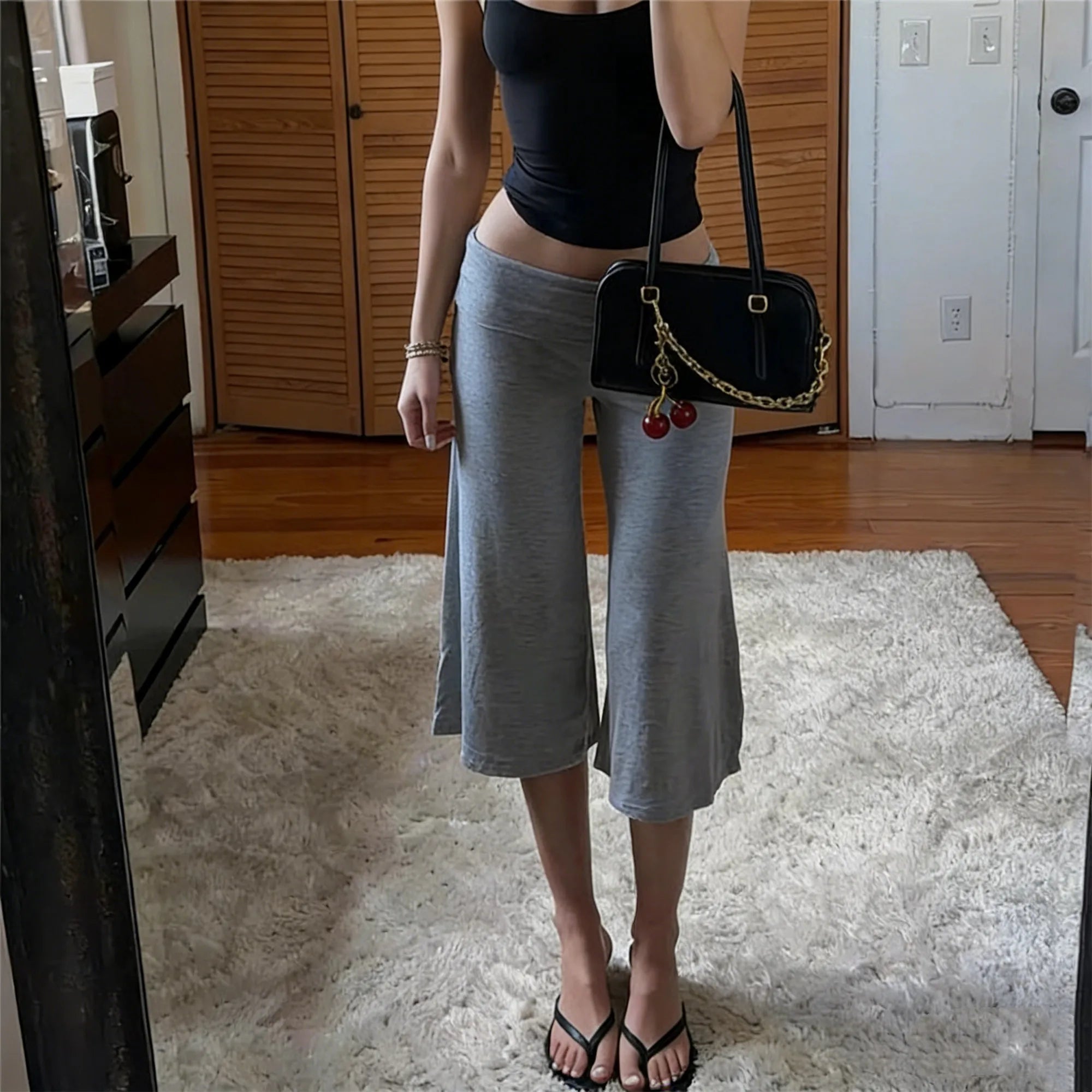 Women’s Fold Over Waist Wide Leg Capri Legging Pants