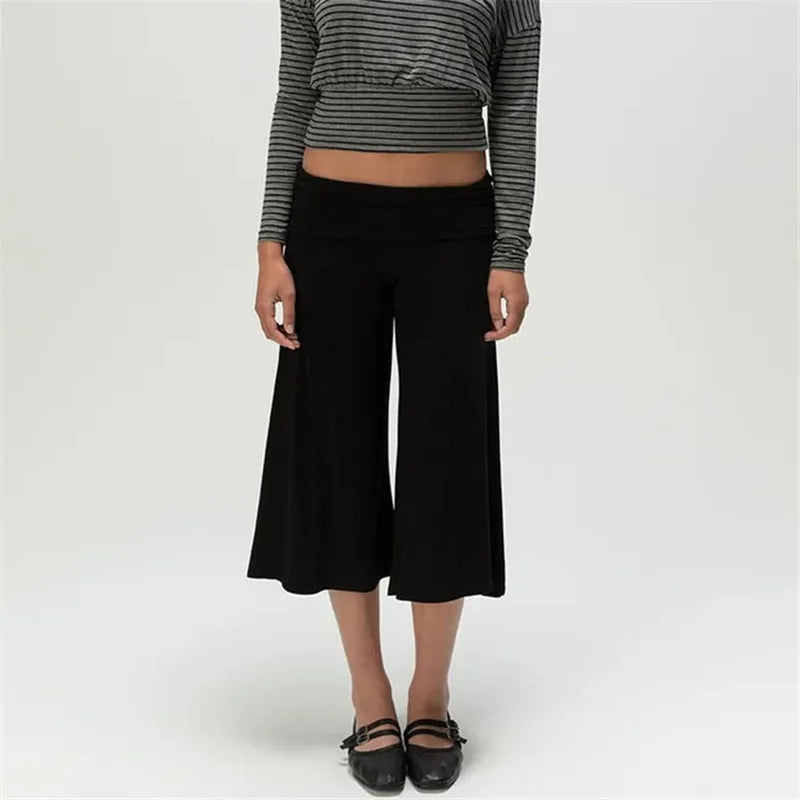 Women’s Fold Over Waist Wide Leg Capri Legging Pants