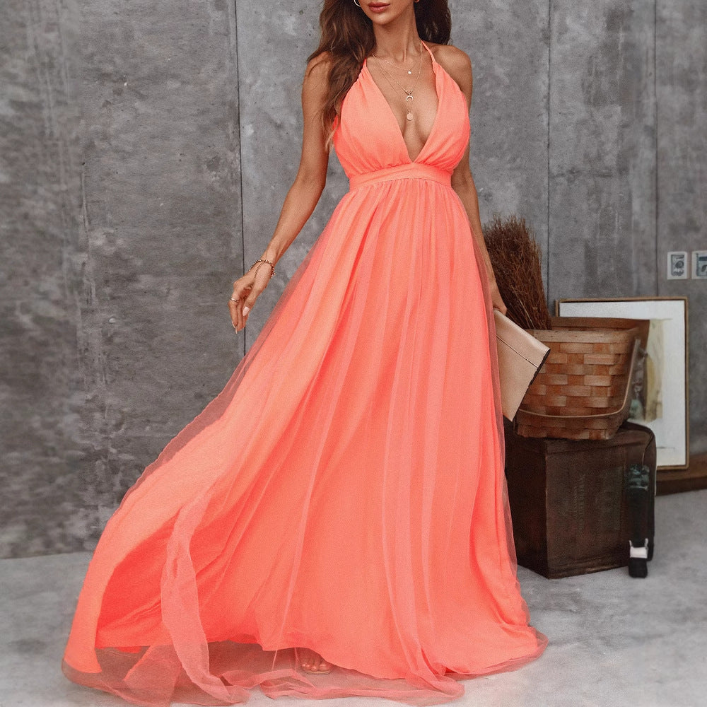 Women’s Halter Neck Backless Flowy Maxi Dress