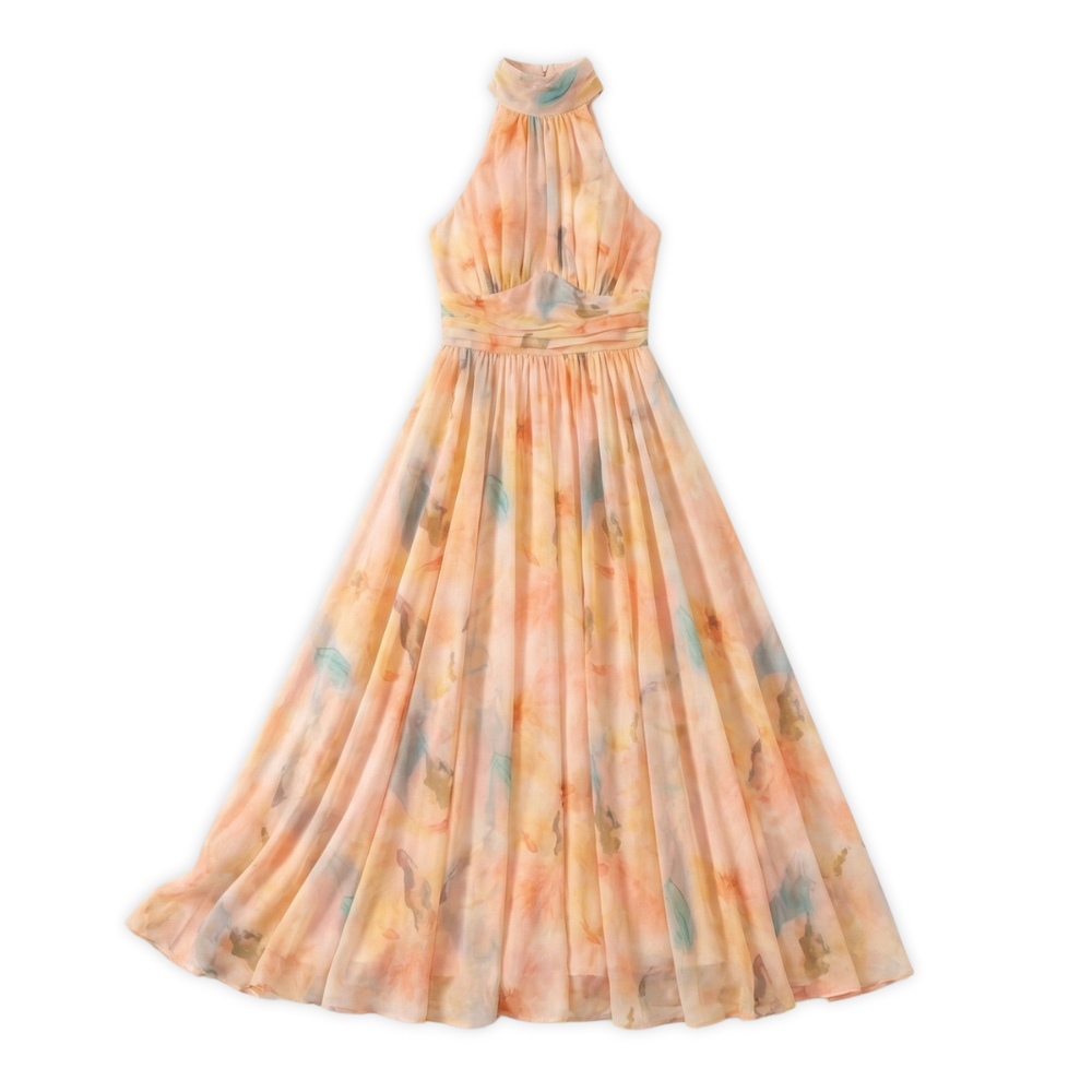 Women’s Halter Neck Maxi Dress with Watercolour Print and Tie Waist