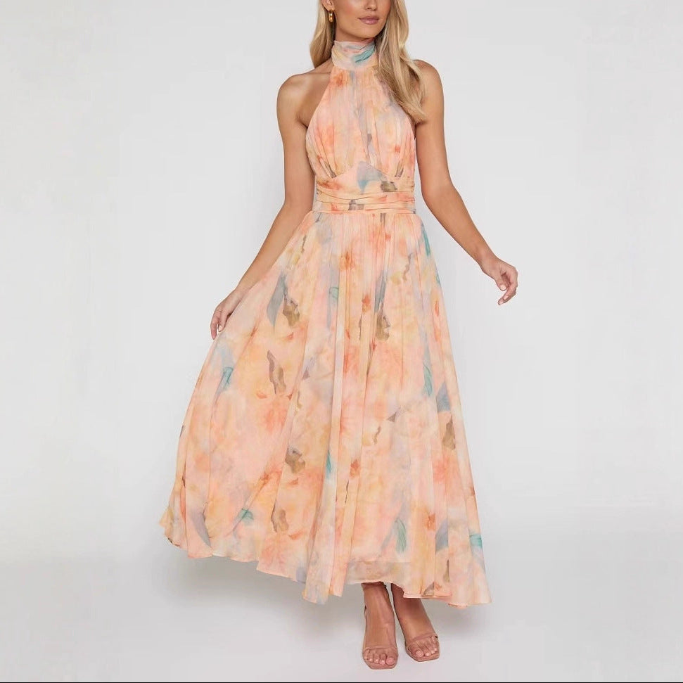 Women’s Halter Neck Maxi Dress with Watercolour Print and Tie Waist
