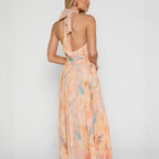 Women’s Halter Neck Maxi Dress with Watercolour Print and Tie Waist