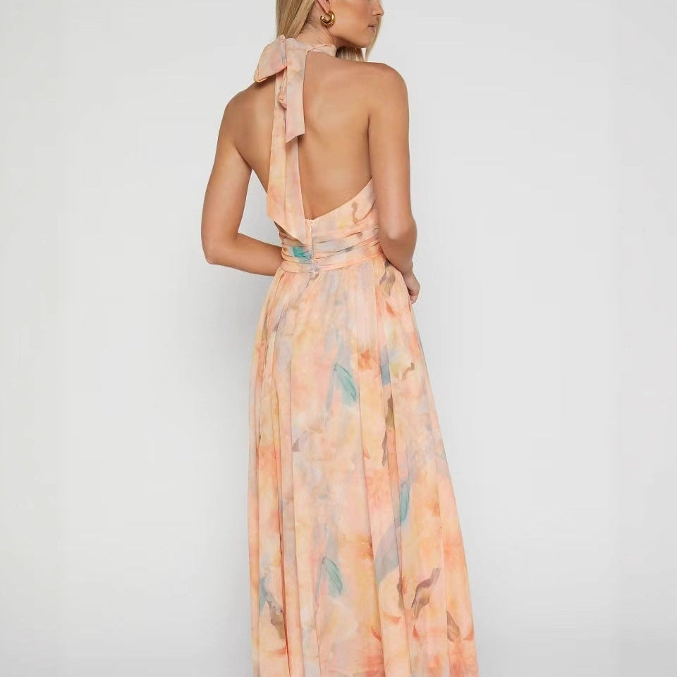 Women’s Halter Neck Maxi Dress with Watercolour Print and Tie Waist