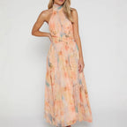 Women’s Halter Neck Maxi Dress with Watercolour Print and Tie Waist