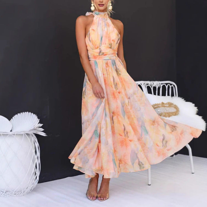 Women’s Halter Neck Maxi Dress with Watercolour Print and Tie Waist