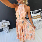 Women’s Halter Neck Maxi Dress with Watercolour Print and Tie Waist