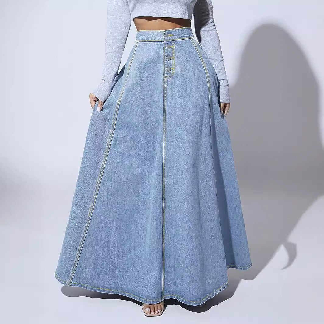 Women’s High-Waist Button-Front Denim Maxi Skirt