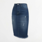 Women’s High Waisted Denim Pencil Midi Skirt with Frayed Hem