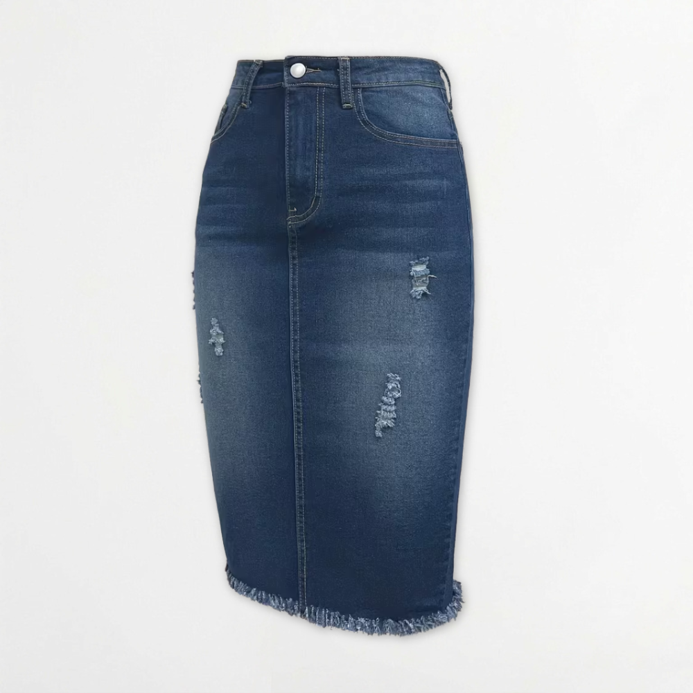 Women’s High Waisted Denim Pencil Midi Skirt with Frayed Hem