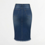 Women’s High Waisted Denim Pencil Midi Skirt with Frayed Hem