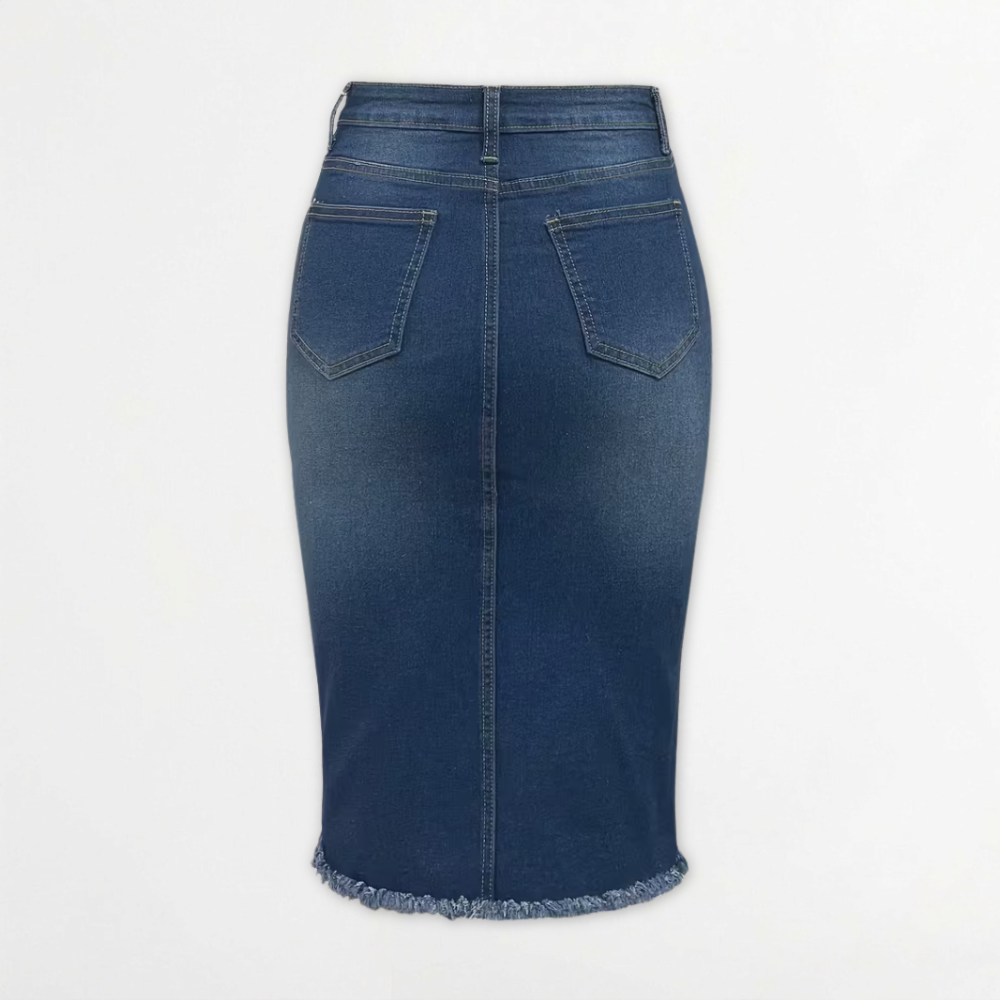 Women’s High Waisted Denim Pencil Midi Skirt with Frayed Hem