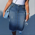 Women’s High Waisted Denim Pencil Midi Skirt with Frayed Hem