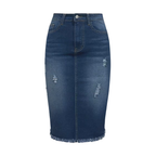 Women’s High Waisted Denim Pencil Midi Skirt with Frayed Hem
