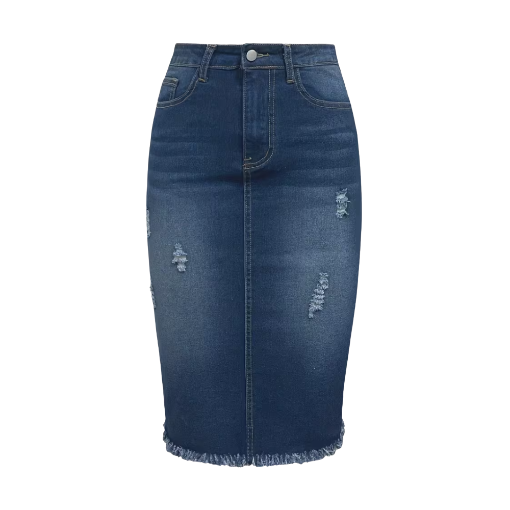 Women’s High Waisted Denim Pencil Midi Skirt with Frayed Hem