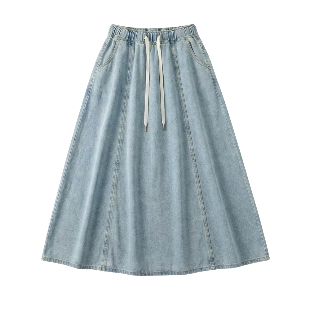Women’s Maxi Denim Skirt with Drawstring Waist and Pockets