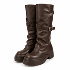 Women’s Knee High Chunky Heel Buckle PU Leather Boots