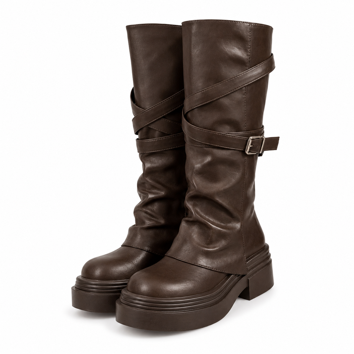 Women’s Knee High Chunky Heel Buckle PU Leather Boots