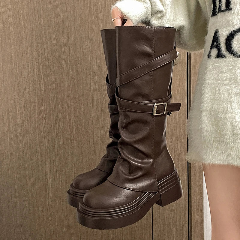 Women’s Knee High Chunky Heel Buckle PU Leather Boots
