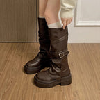 Women’s Knee High Chunky Heel Buckle PU Leather Boots