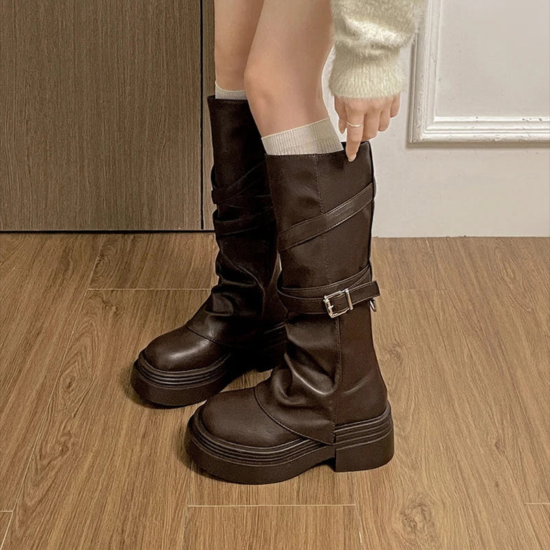 Women’s Knee High Chunky Heel Buckle PU Leather Boots