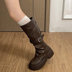 Women’s Knee High Chunky Heel Buckle PU Leather Boots