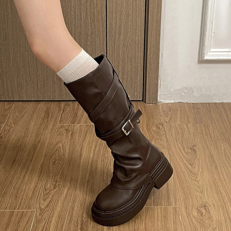 Women’s Knee High Chunky Heel Buckle PU Leather Boots
