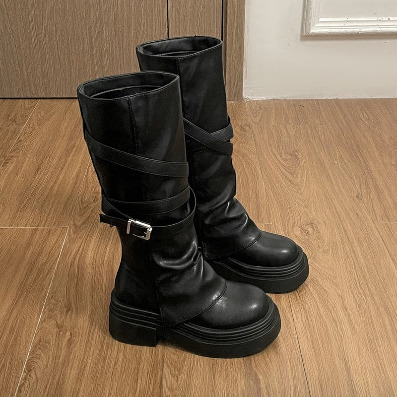 Women’s Knee High Chunky Heel Buckle PU Leather Boots