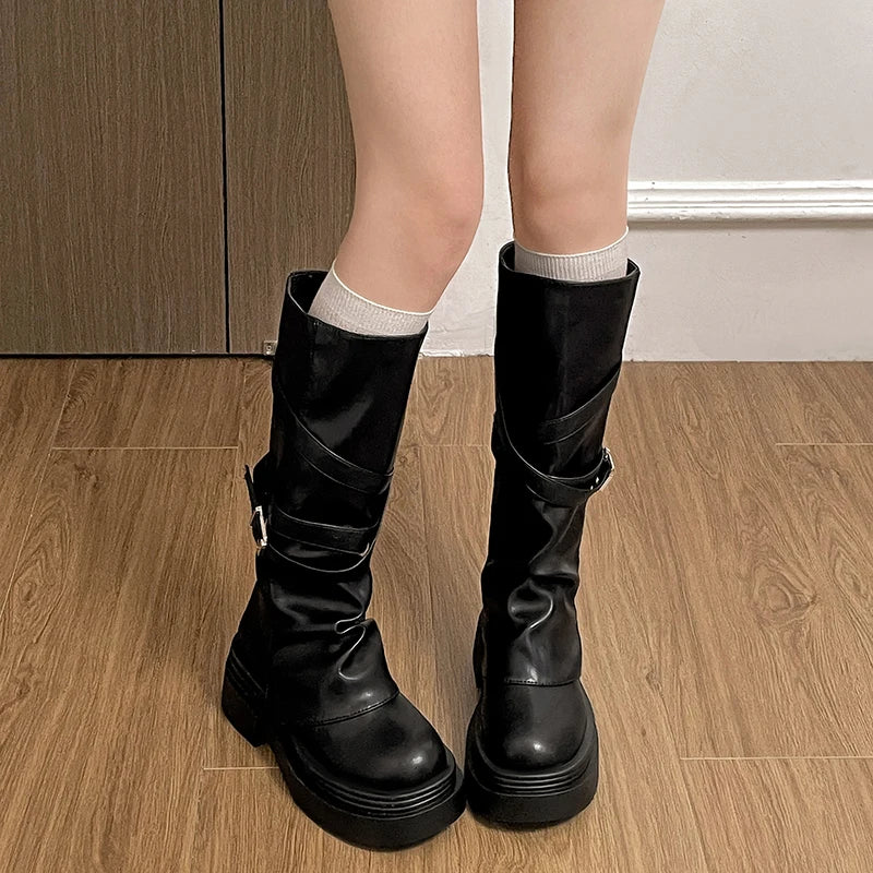 Women’s Knee High Chunky Heel Buckle PU Leather Boots