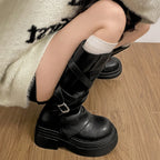 Women’s Knee High Chunky Heel Buckle PU Leather Boots