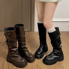 Women’s Knee High Chunky Heel Buckle PU Leather Boots