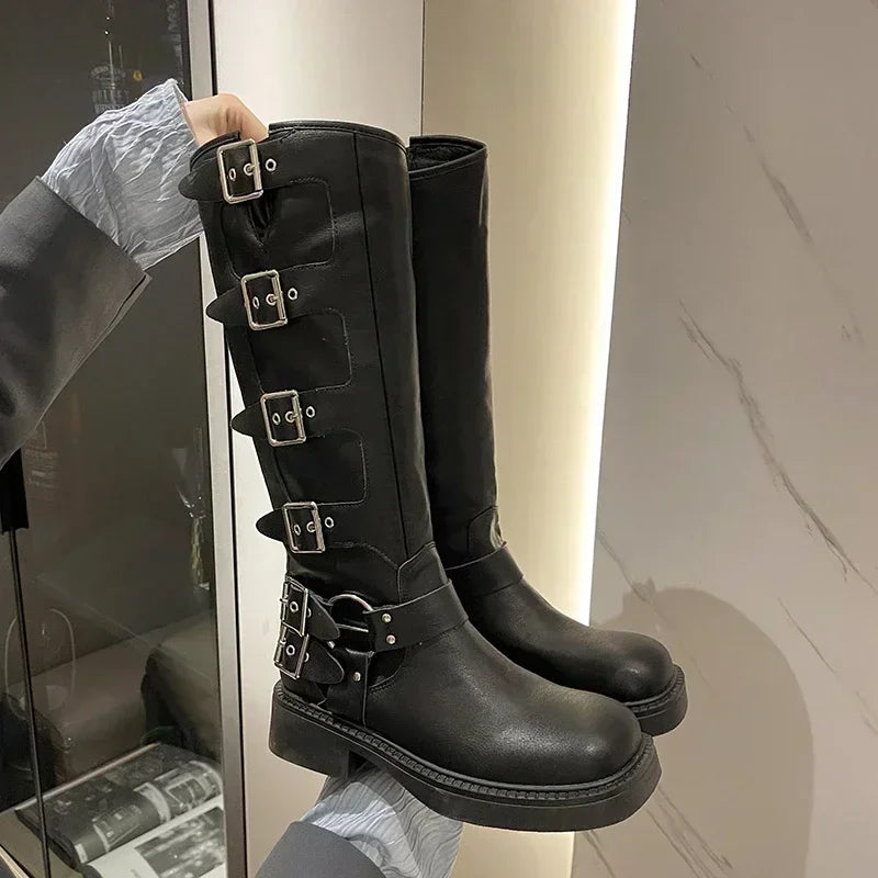 Women’s Knee High Platform Boots with Buckle Straps
