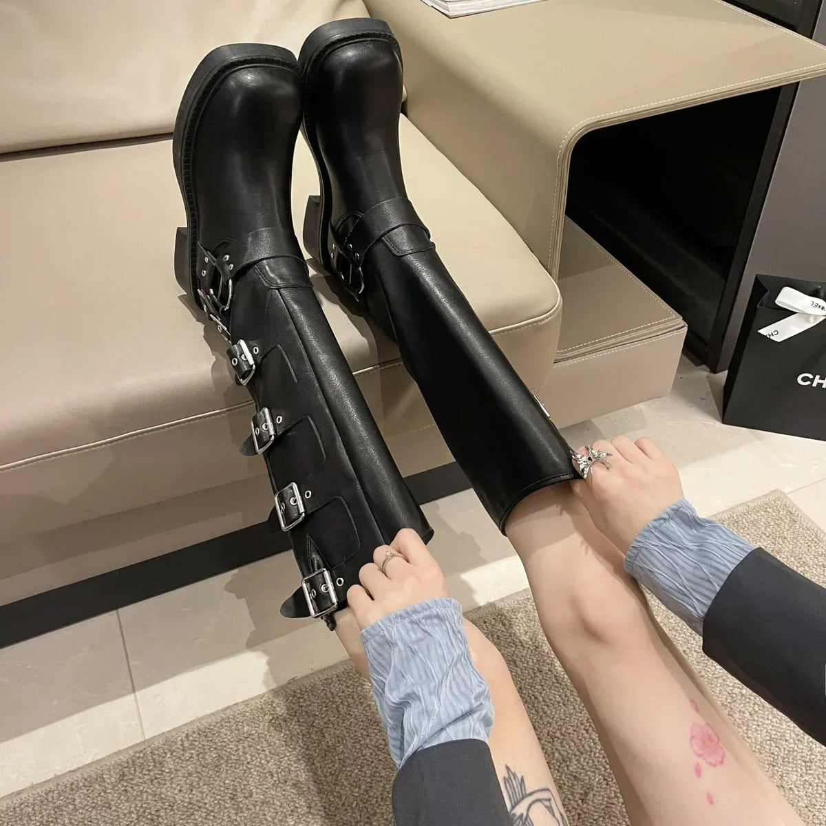 Women’s Knee High Platform Boots with Buckle Straps