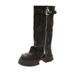Women’s Knee High Zip Platform Boots with Buckle Strap