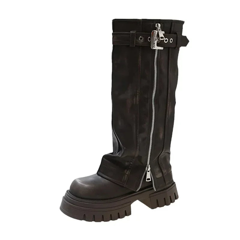 Women’s Knee High Zip Platform Boots with Buckle Strap