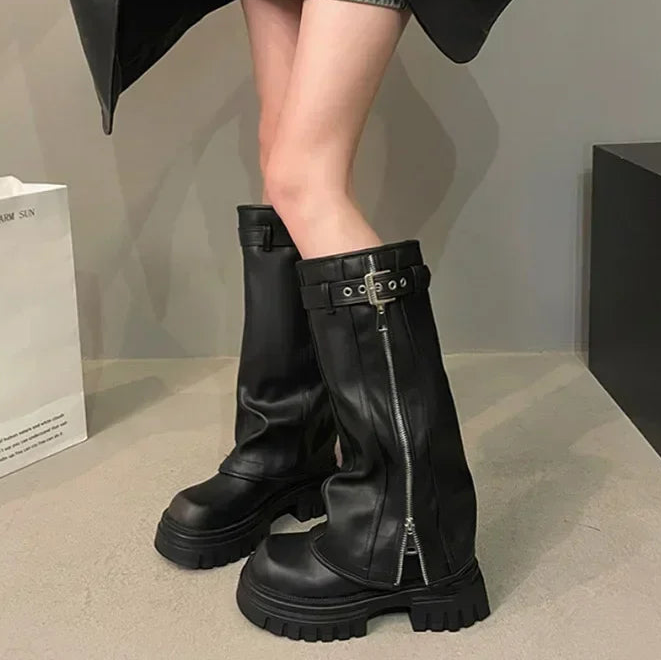 Women’s Knee High Zip Platform Boots with Buckle Strap