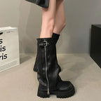 Women’s Knee High Zip Platform Boots with Buckle Strap
