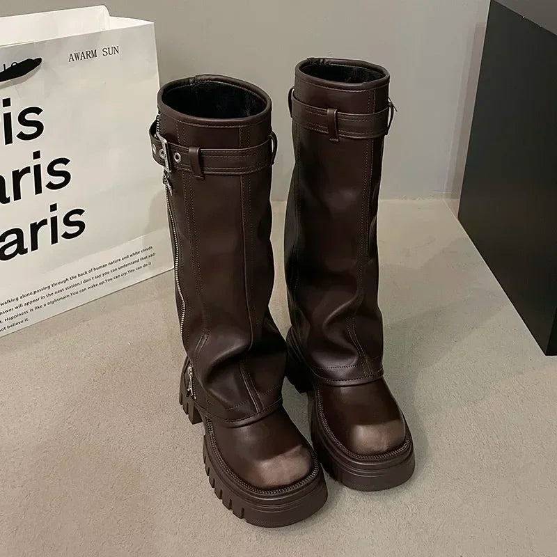 Women’s Knee High Zip Platform Boots with Buckle Strap
