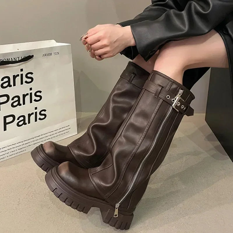 Women’s Knee High Zip Platform Boots with Buckle Strap
