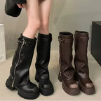 Women’s Knee High Zip Platform Boots with Buckle Strap