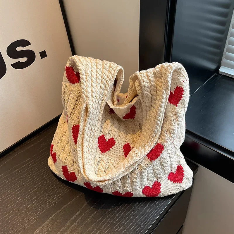 Women’s Knitted Heart Shoulder Tote Bag